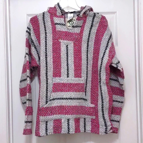 Baja Joe Tops - NWT Baja Joe Red and Gray Mexican Hooded Pullover Size L
